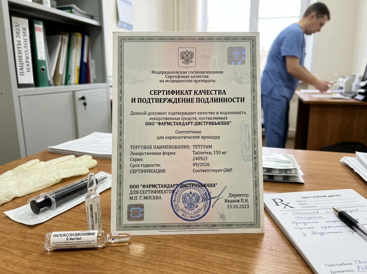 Сертификат качества на медицинские препараты от официального дистрибьютора, подтверждение подлинности лекарств для наркологических процедур